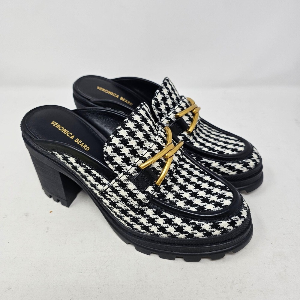 Veronica Beard Mule Shoes Womens Size 7.5 Black Houndstooth Block Heel Lug Sole